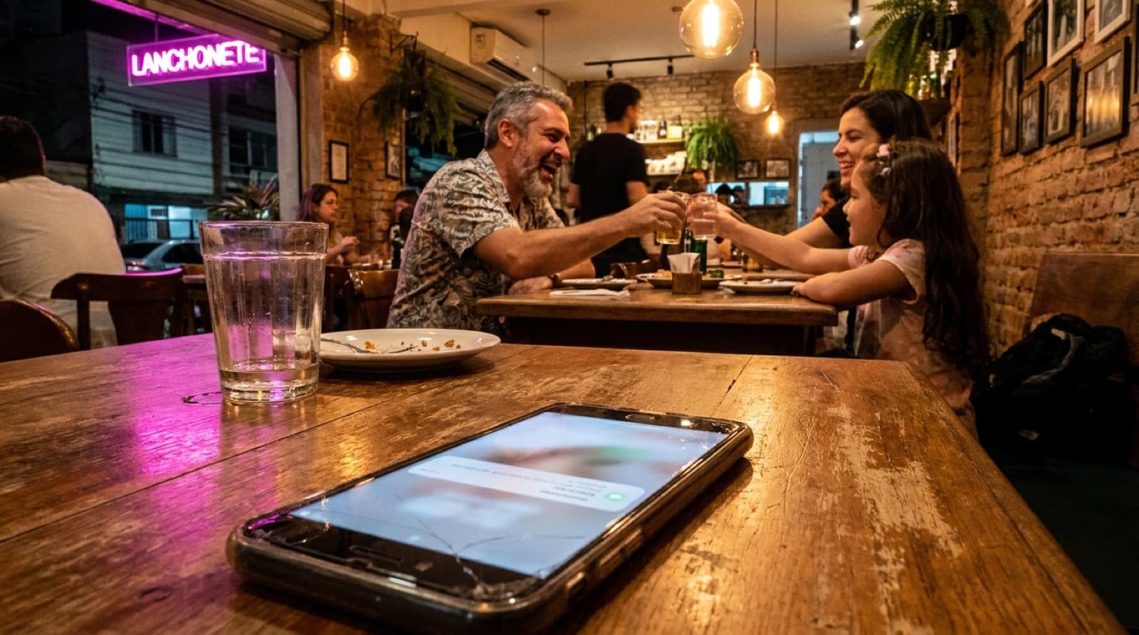 Família jantando e brindando numa lanchonete acolhedora, celular na mesa