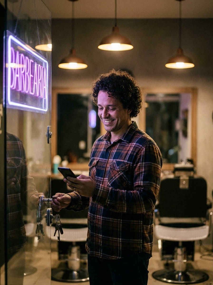 Dono de barbearia trancando a porta à noite enquanto sorri olhando o celular, letreiro neon da barbearia aceso