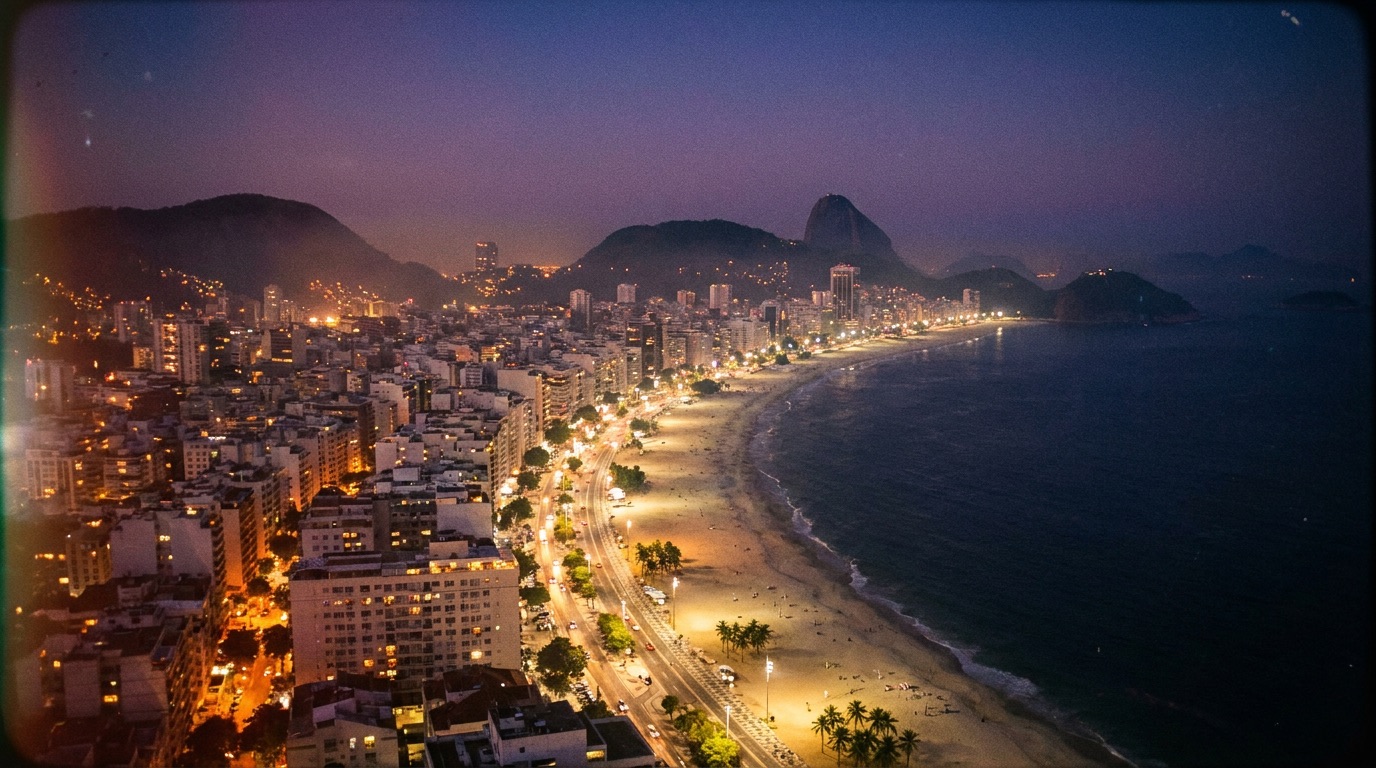 Vista aérea de cidade brasileira à noite com as luzes acesas