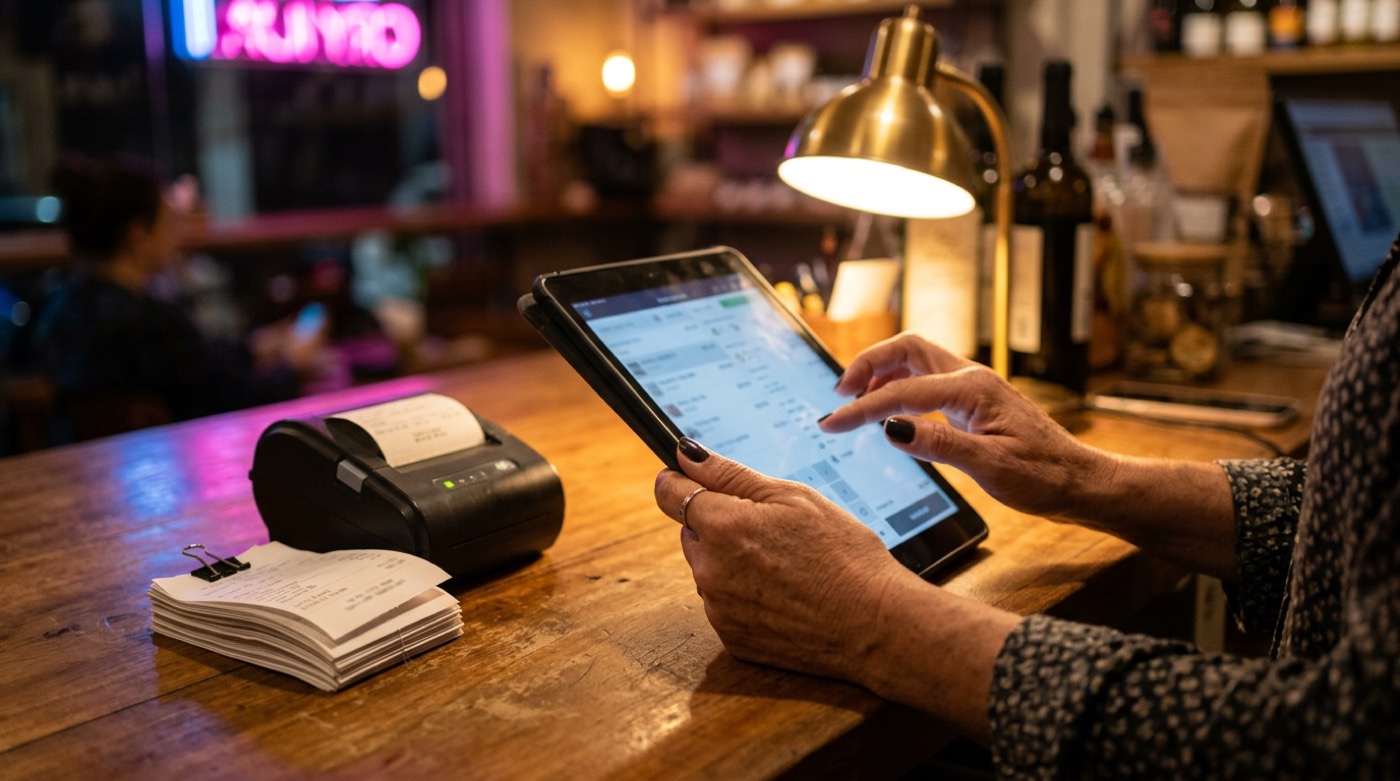 Bancada organizada com recibos em ordem e tablet, tudo conferido